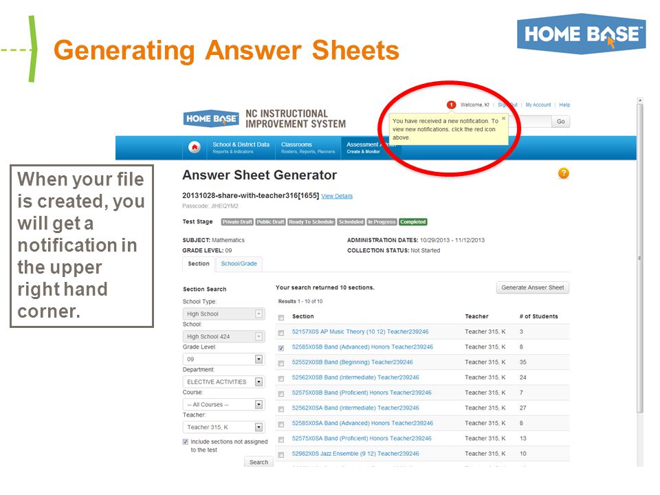 Generating Answer Sheets When your file is created, you will get a notification in the upper right hand corner.