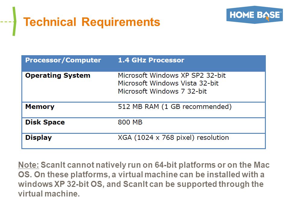 Technical Requirements Note: ScanIt cannot natively run on 64-bit platforms or on the Mac OS.