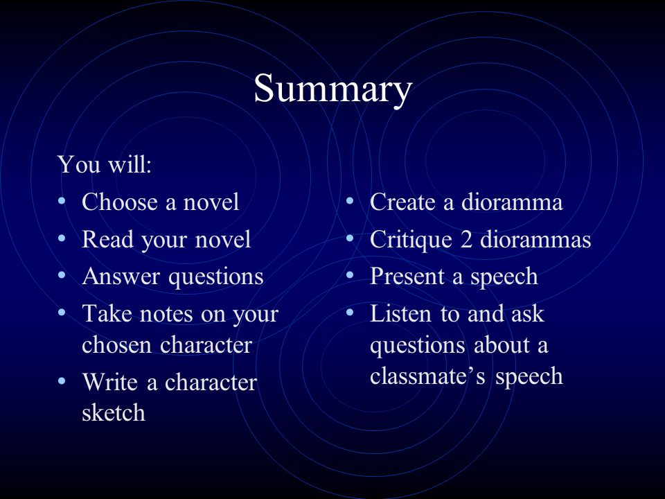 Summary You will: Choose a novel Read your novel Answer questions Take notes on your chosen character Write a character sketch Create a dioramma Critique 2 diorammas Present a speech Listen to and ask questions about a classmate’s speech