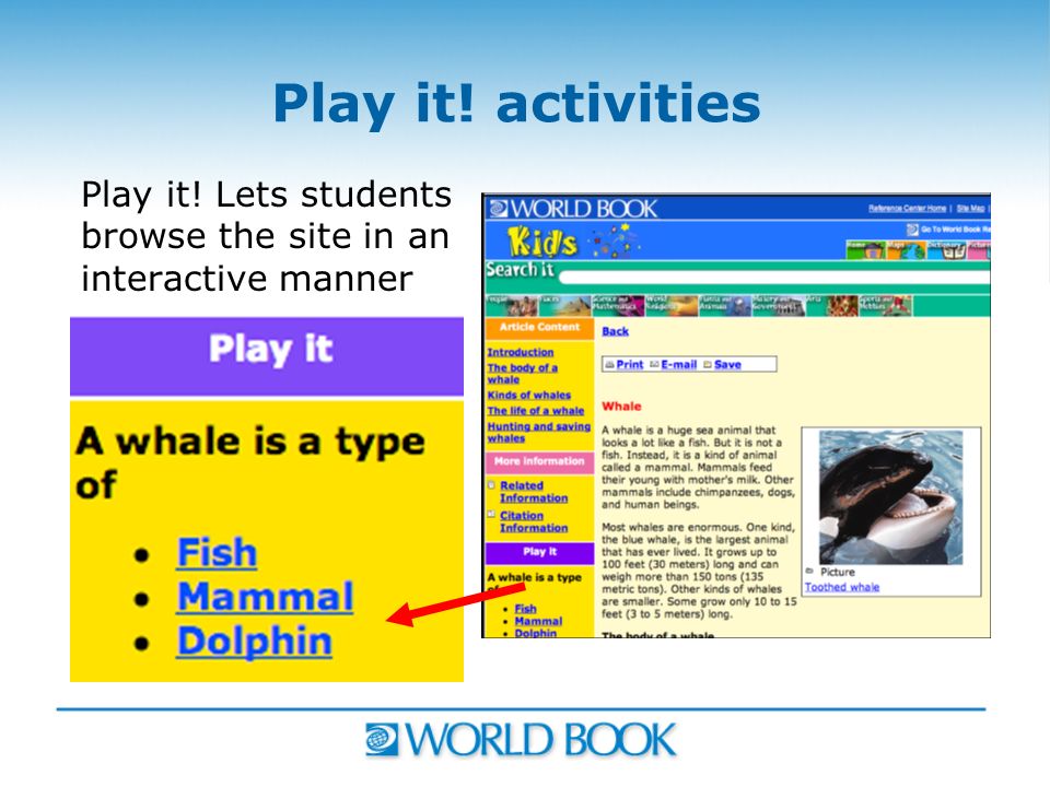 Play it! activities Play it! Lets students browse the site in an interactive manner