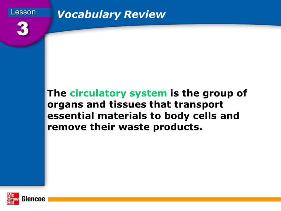 Vocabulary Review The circulatory system is the group of organs and tissues that transport essential materials to body cells and remove their waste products.
