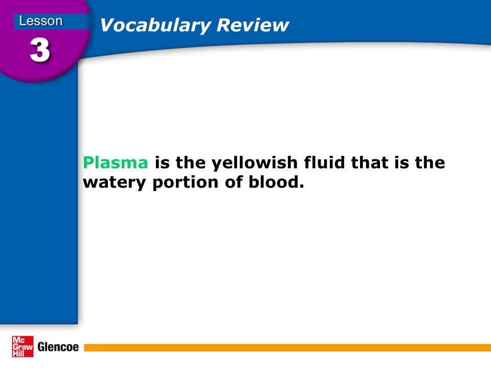 Vocabulary Review Plasma is the yellowish fluid that is the watery portion of blood.