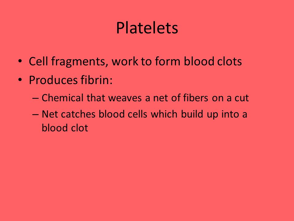 Platelets Cell fragments, work to form blood clots Produces fibrin: – Chemical that weaves a net of fibers on a cut – Net catches blood cells which build up into a blood clot