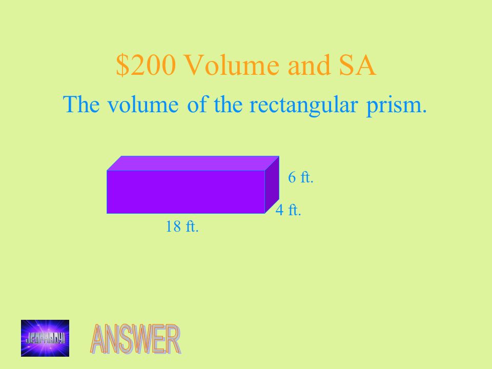 $200 Volume and SA The volume of the rectangular prism. 6 ft. 4 ft. 18 ft.