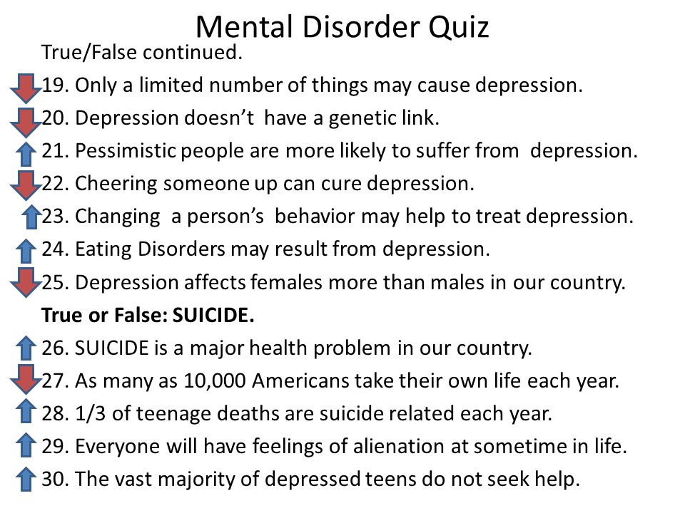 Mental Disorder Quiz True/False continued. 19.