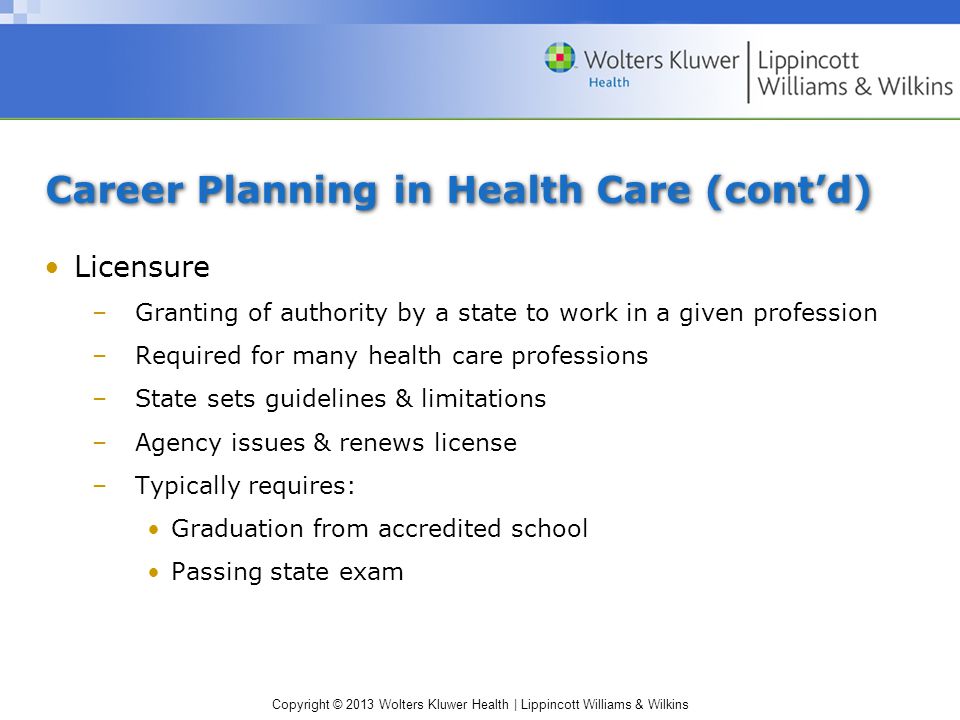 Copyright © 2013 Wolters Kluwer Health | Lippincott Williams & Wilkins Career Planning in Health Care (cont’d) Licensure –Granting of authority by a state to work in a given profession –Required for many health care professions –State sets guidelines & limitations –Agency issues & renews license –Typically requires: Graduation from accredited school Passing state exam