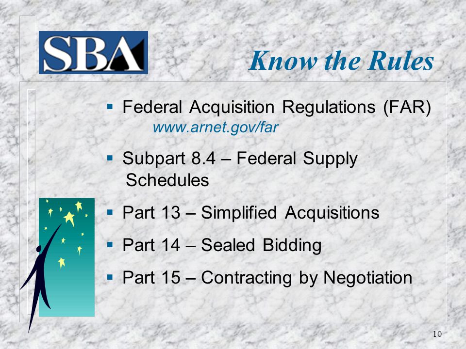 Know the Rules  Federal Acquisition Regulations (FAR)    Subpart 8.4 – Federal Supply Schedules  Part 13 – Simplified Acquisitions  Part 14 – Sealed Bidding  Part 15 – Contracting by Negotiation 10
