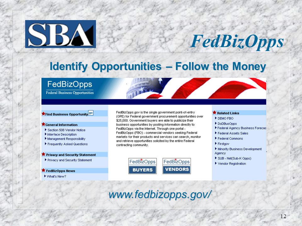 FedBizOpps Identify Opportunities – Follow the Money   12