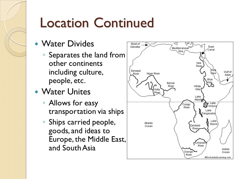 Location Continued Water Divides ◦ Separates the land from other continents including culture, people, etc.