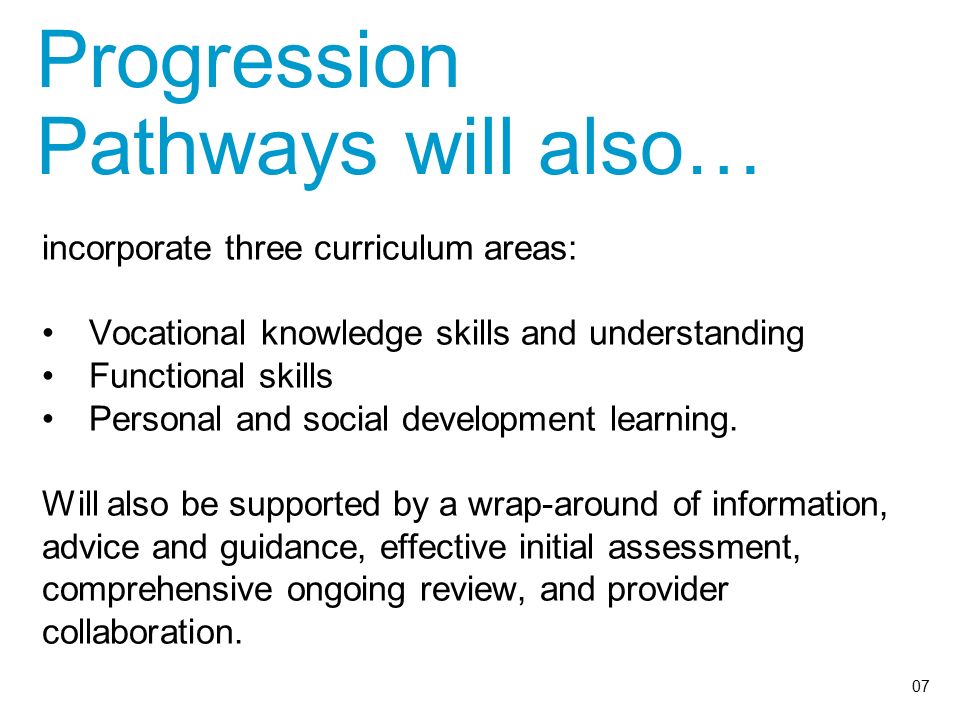 Progression Pathways will also… incorporate three curriculum areas: Vocational knowledge skills and understanding Functional skills Personal and social development learning.