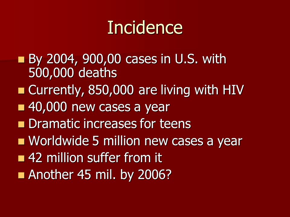 Incidence By 2004, 900,00 cases in U.S. with 500,000 deaths By 2004, 900,00 cases in U.S.