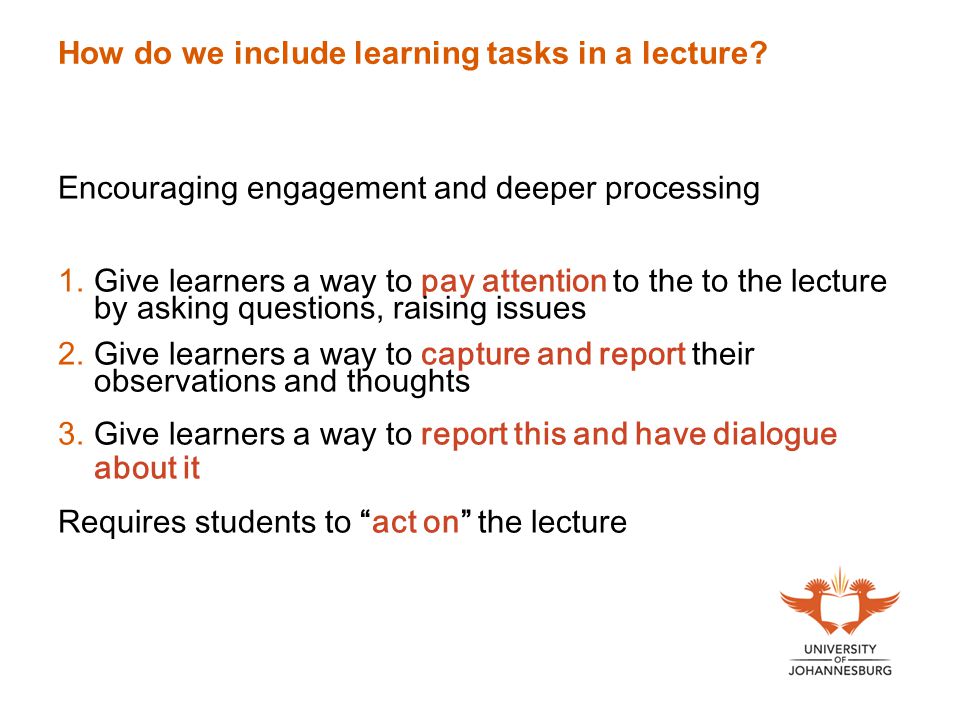 How do we include learning tasks in a lecture.
