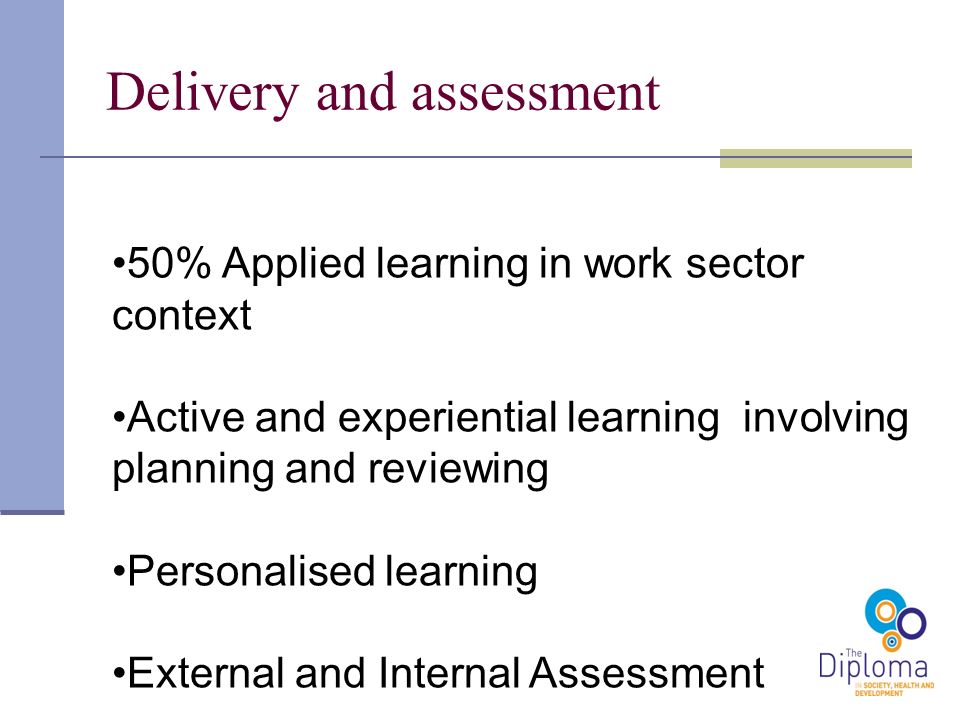Delivery and assessment 50% Applied learning in work sector context Active and experiential learning involving planning and reviewing Personalised learning External and Internal Assessment