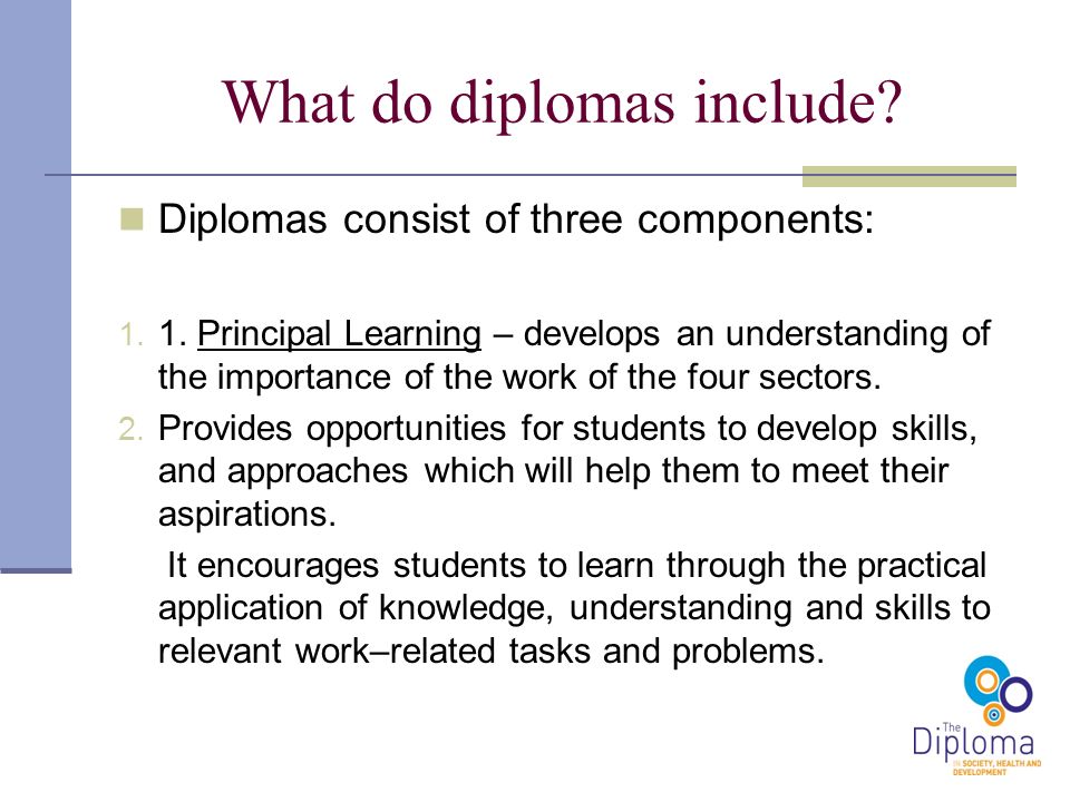 What do diplomas include. Diplomas consist of three components: 1.