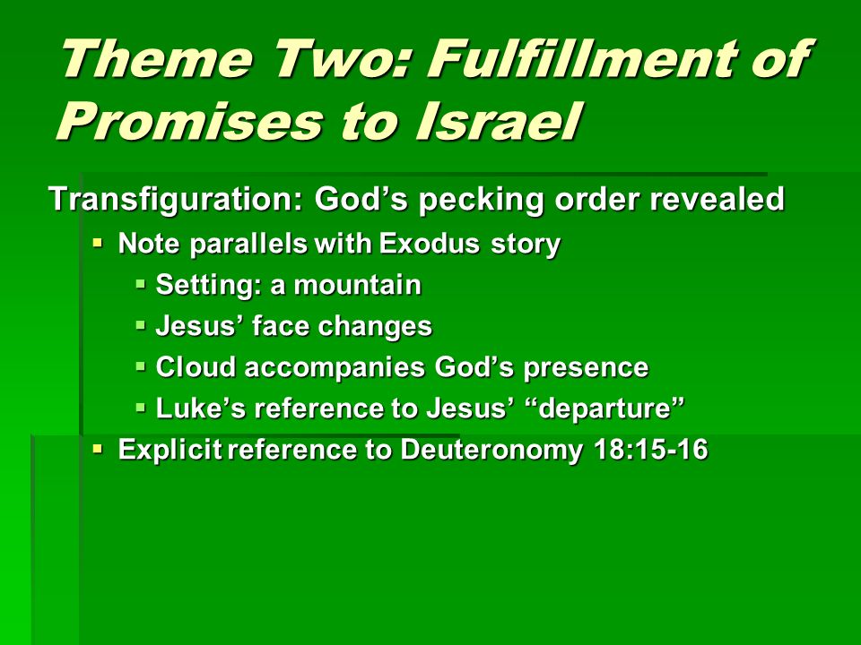 Theme Two: Fulfillment of Promises to Israel Transfiguration: God’s pecking order revealed  Note parallels with Exodus story  Setting: a mountain  Jesus’ face changes  Cloud accompanies God’s presence  Luke’s reference to Jesus’ departure  Explicit reference to Deuteronomy 18:15-16
