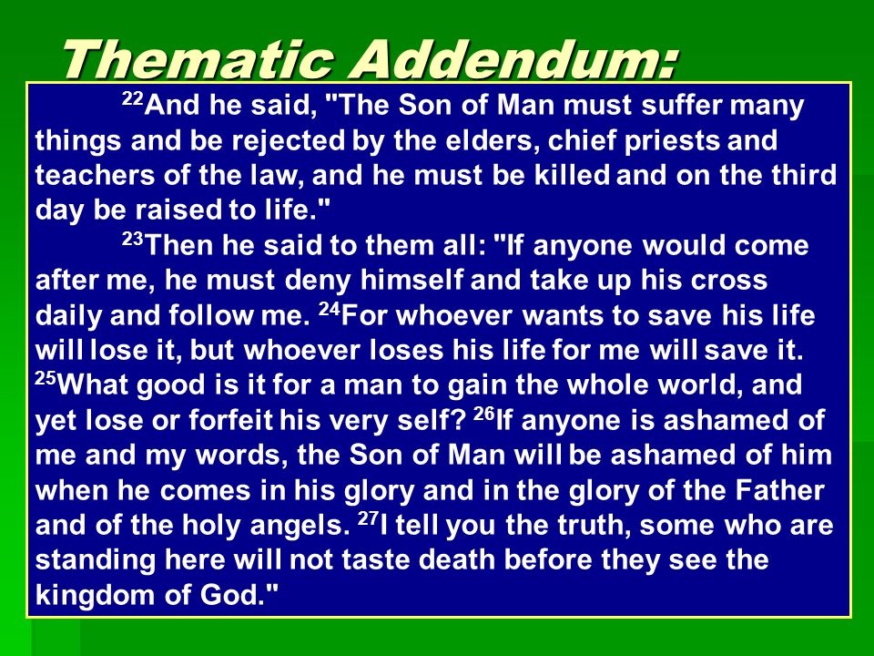 Thematic Addendum: Discipleship  Firmly rooted in Jesus’ identity  Requires total commitment 22 And he said, The Son of Man must suffer many things and be rejected by the elders, chief priests and teachers of the law, and he must be killed and on the third day be raised to life. 23 Then he said to them all: If anyone would come after me, he must deny himself and take up his cross daily and follow me.