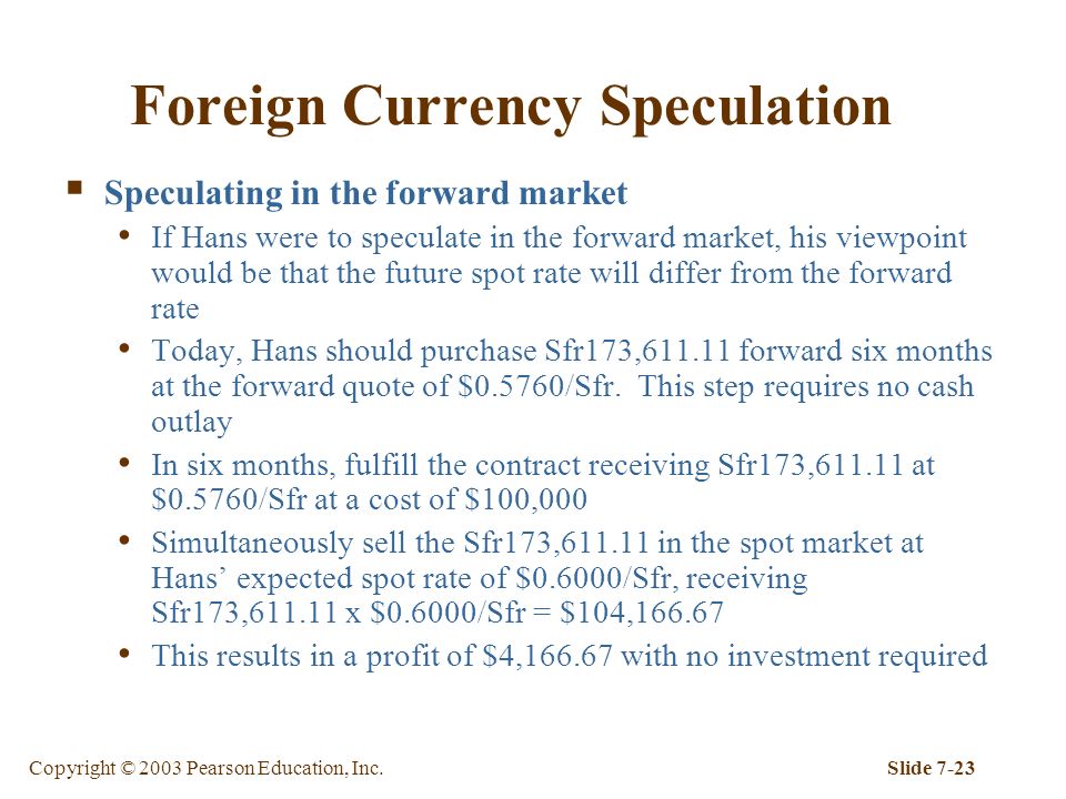 Copyright © 2003 Pearson Education, Inc.Slide 7-23 Foreign Currency Speculation  Speculating in the forward market If Hans were to speculate in the forward market, his viewpoint would be that the future spot rate will differ from the forward rate Today, Hans should purchase Sfr173, forward six months at the forward quote of $0.5760/Sfr.