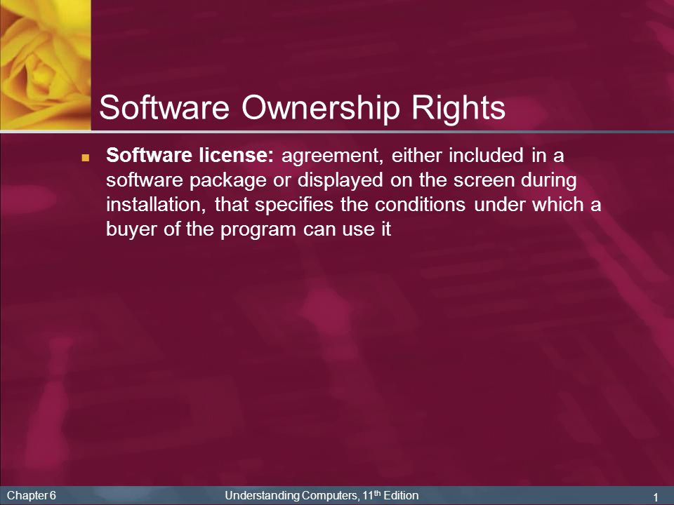 1 Chapter 6 Understanding Computers, 11 th Edition Software Ownership Rights Software license: agreement, either included in a software package or displayed on the screen during installation, that specifies the conditions under which a buyer of the program can use it
