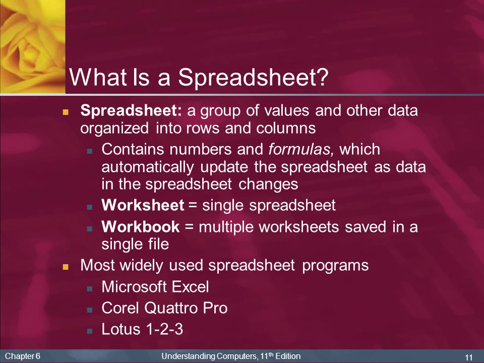 11 Chapter 6 Understanding Computers, 11 th Edition What Is a Spreadsheet.