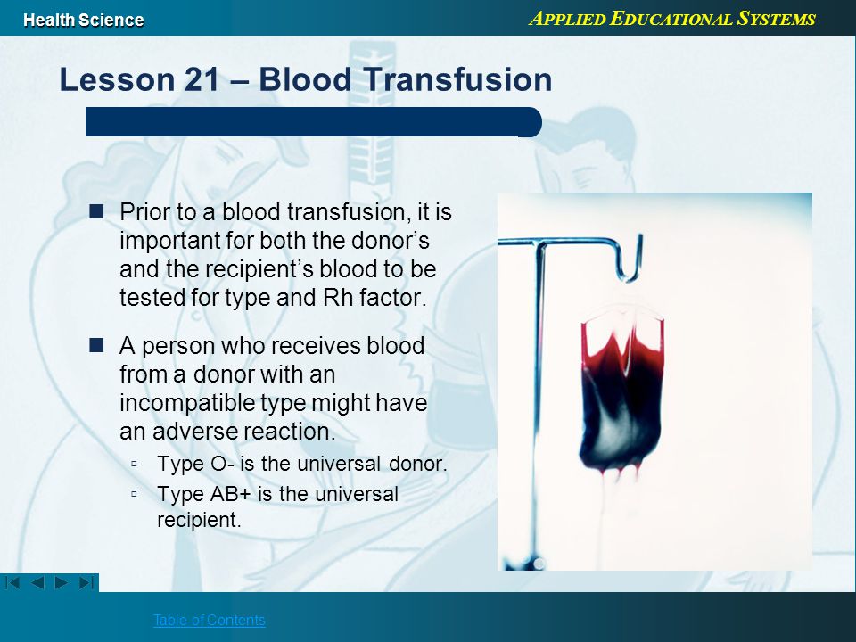 A PPLIED E DUCATIONAL S YSTEMS Health Science Table of Contents Lesson 21 – Blood Transfusion Prior to a blood transfusion, it is important for both the donor’s and the recipient’s blood to be tested for type and Rh factor.