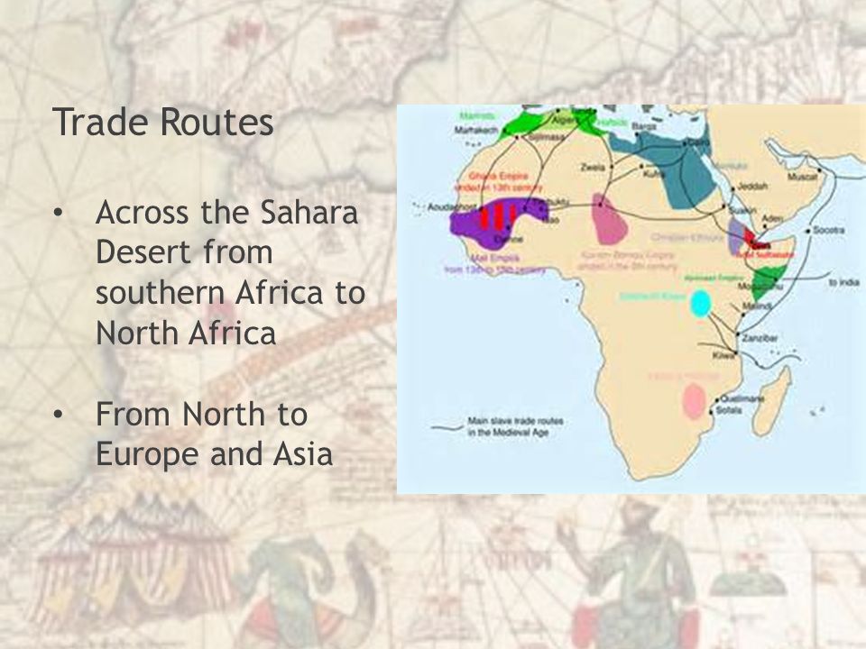 Trade Routes Across the Sahara Desert from southern Africa to North Africa From North to Europe and Asia