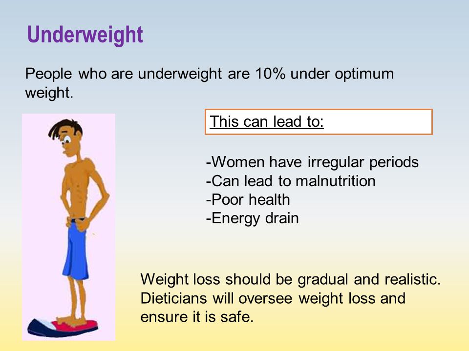 People who are underweight are 10% under optimum weight.