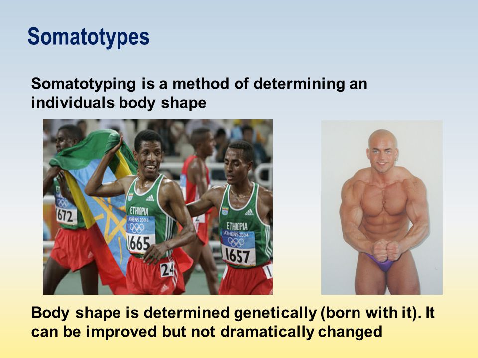 Somatotypes Somatotyping is a method of determining an individuals body shape Body shape is determined genetically (born with it).