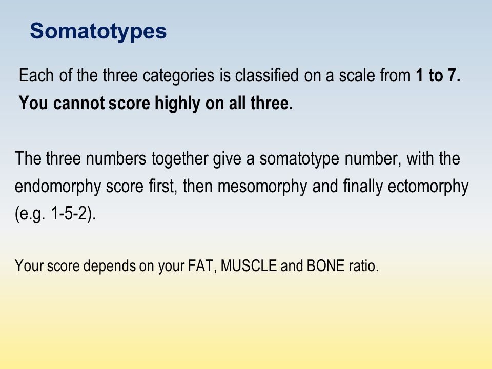 Somatotypes Each of the three categories is classified on a scale from 1 to 7.