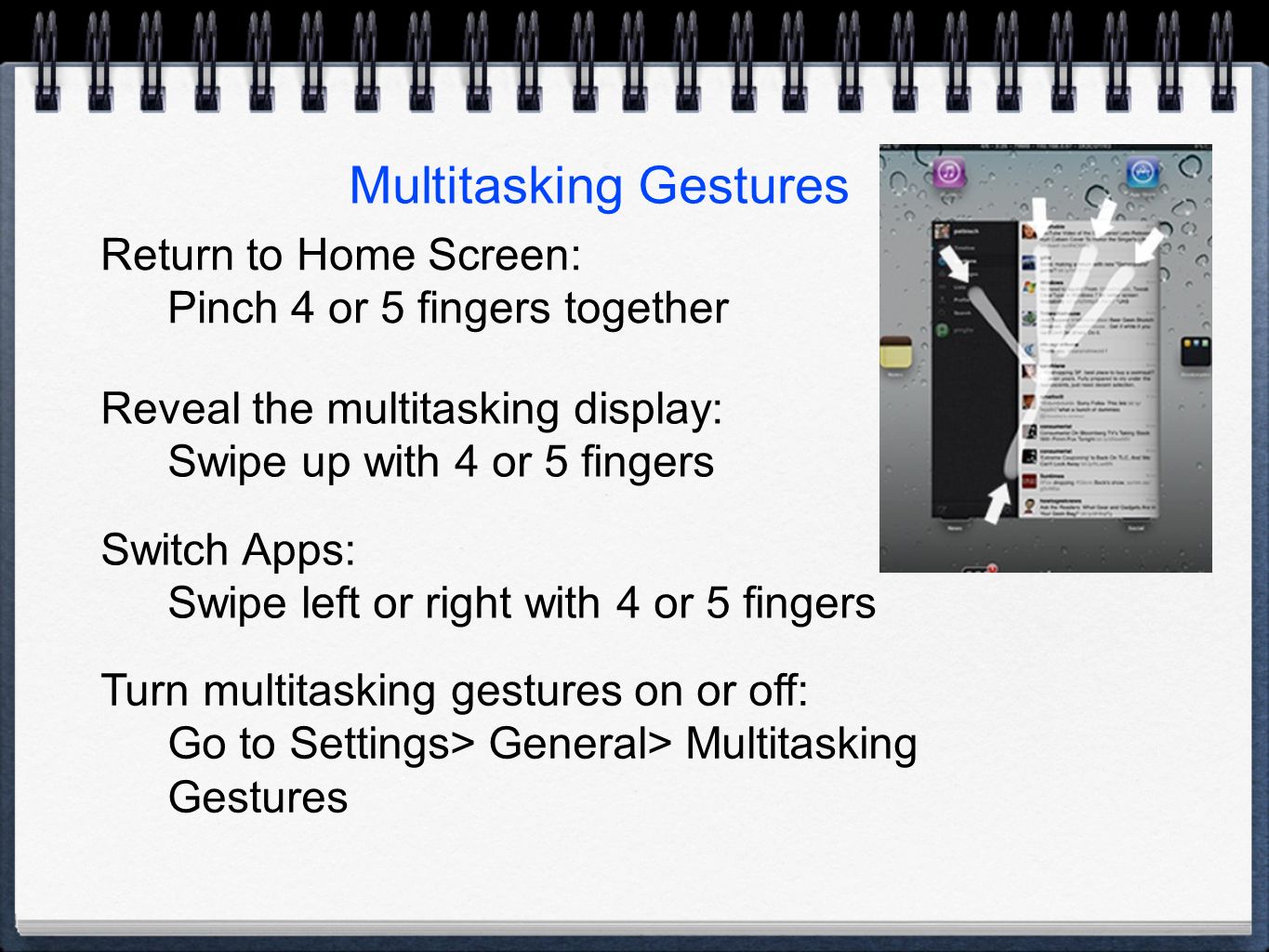 Multitasking Gestures Return to Home Screen: Pinch 4 or 5 fingers together Reveal the multitasking display: Swipe up with 4 or 5 fingers Switch Apps: Swipe left or right with 4 or 5 fingers Turn multitasking gestures on or off: Go to Settings> General> Multitasking Gestures
