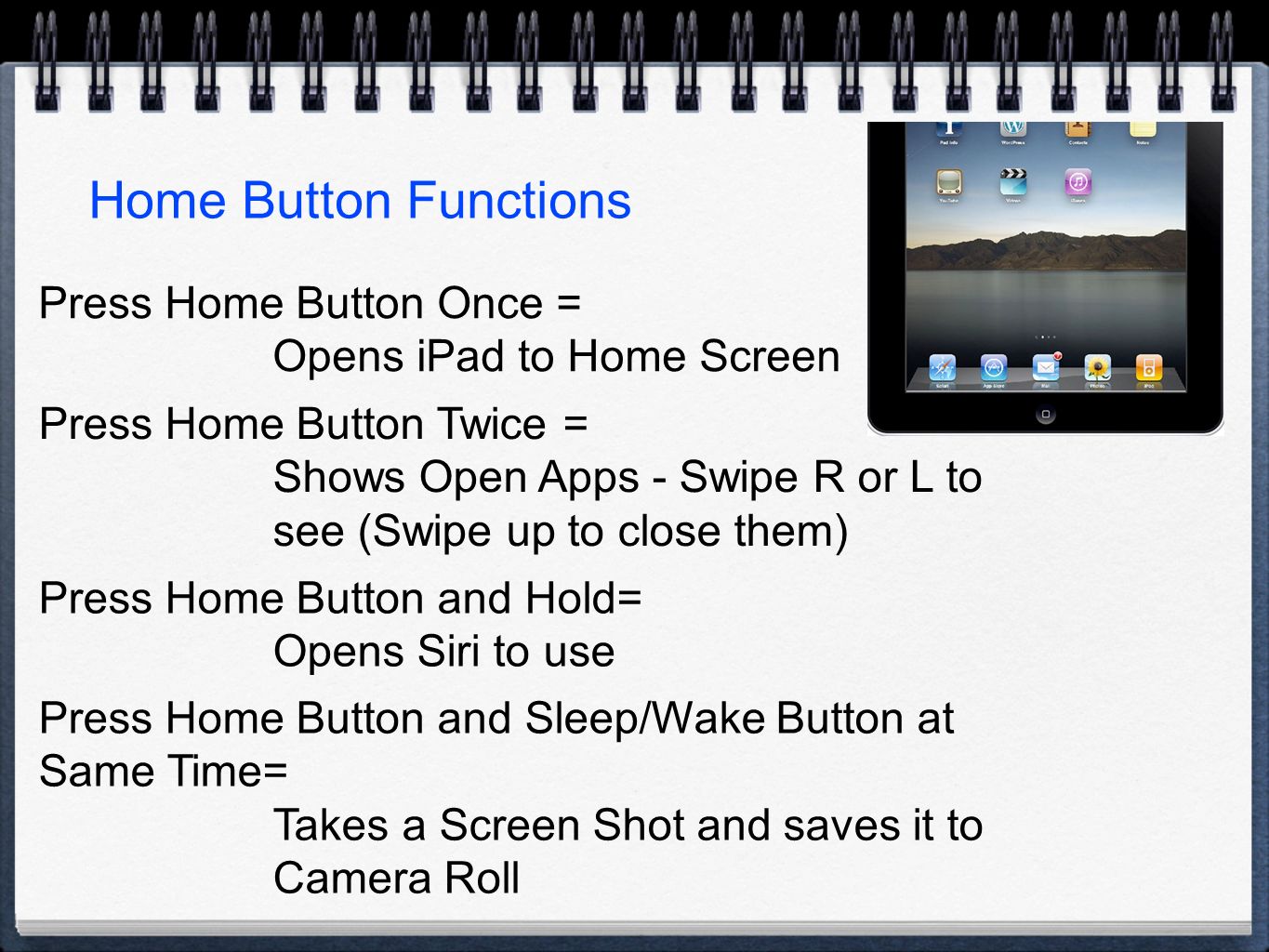 Home Button Functions Press Home Button Once = Opens iPad to Home Screen Press Home Button Twice = Shows Open Apps - Swipe R or L to see (Swipe up to close them) Press Home Button and Hold= Opens Siri to use Press Home Button and Sleep/Wake Button at Same Time= Takes a Screen Shot and saves it to Camera Roll