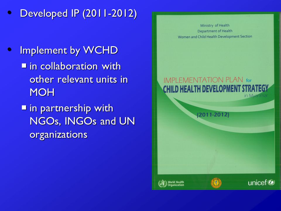 Developed IP ( ) Developed IP ( ) Implement by WCHD Implement by WCHD  in collaboration with other relevant units in MOH  in partnership with NGOs, INGOs and UN organizations