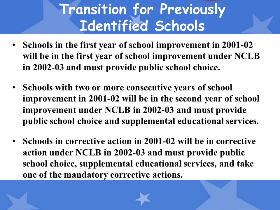 Transition for Previously Identified Schools Schools in the first year of school improvement in will be in the first year of school improvement under NCLB in and must provide public school choice.