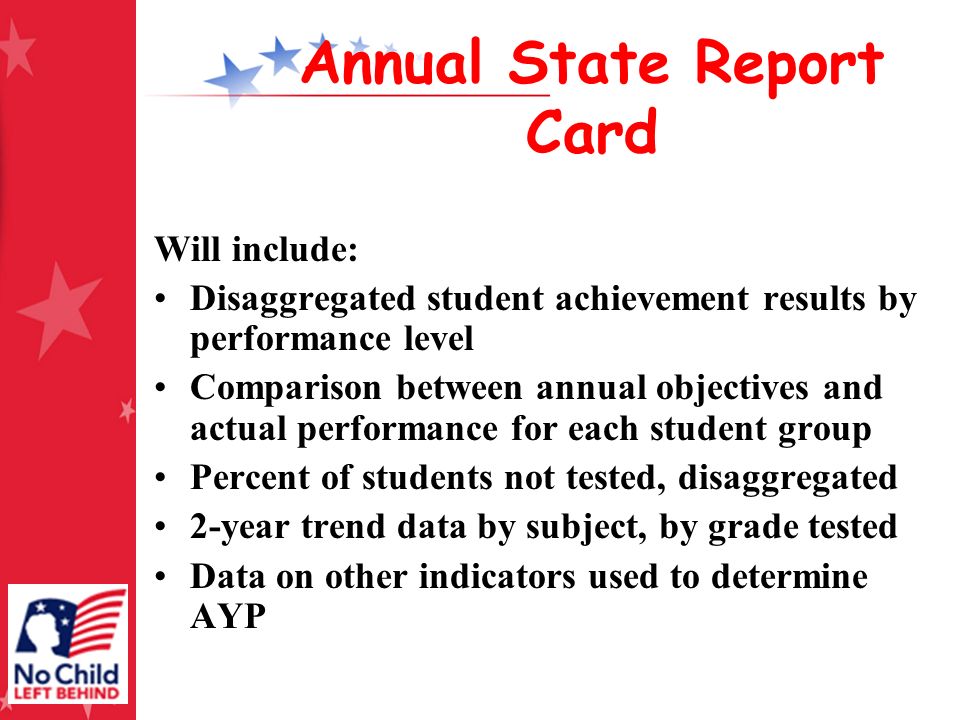 Annual State Report Card Will include: Disaggregated student achievement results by performance level Comparison between annual objectives and actual performance for each student group Percent of students not tested, disaggregated 2-year trend data by subject, by grade tested Data on other indicators used to determine AYP