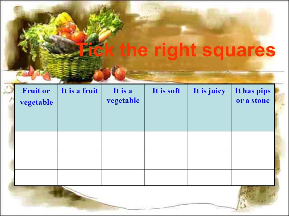 Tick the right squares Fruit or vegetable It is a fruitIt is a vegetable It is softIt is juicyIt has pips or a stone