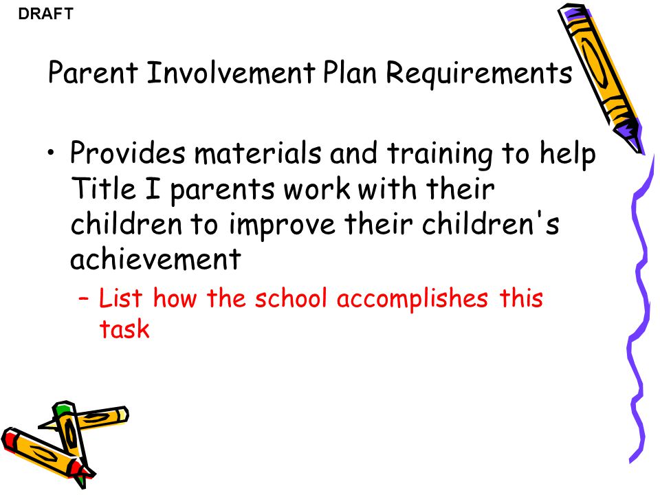 DRAFT Provides materials and training to help Title I parents work with their children to improve their children s achievement –List how the school accomplishes this task Parent Involvement Plan Requirements
