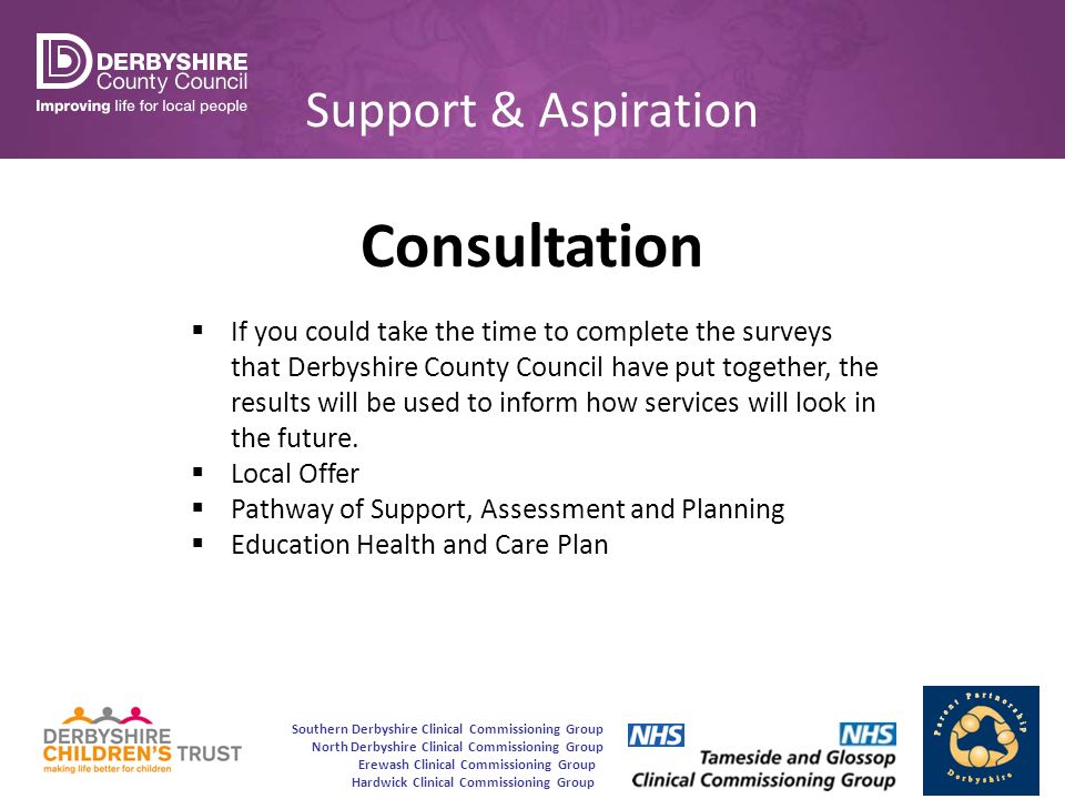 Southern Derbyshire Clinical Commissioning Group North Derbyshire Clinical Commissioning Group Erewash Clinical Commissioning Group Hardwick Clinical Commissioning Group Support & Aspiration Consultation  If you could take the time to complete the surveys that Derbyshire County Council have put together, the results will be used to inform how services will look in the future.