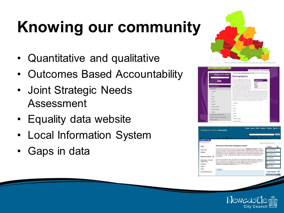 Knowing our community Quantitative and qualitative Outcomes Based Accountability Joint Strategic Needs Assessment Equality data website Local Information System Gaps in data