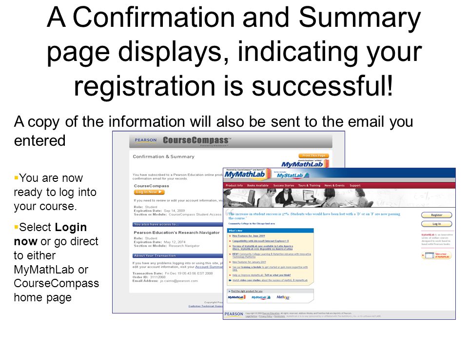 A Confirmation and Summary page displays, indicating your registration is successful.