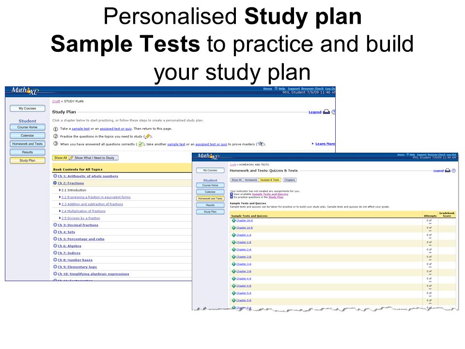 Personalised Study plan Sample Tests to practice and build your study plan