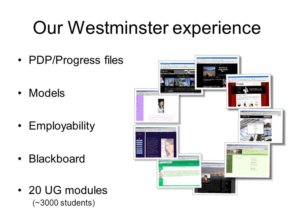 Our Westminster experience PDP/Progress files Models Employability Blackboard 20 UG modules (~3000 students)