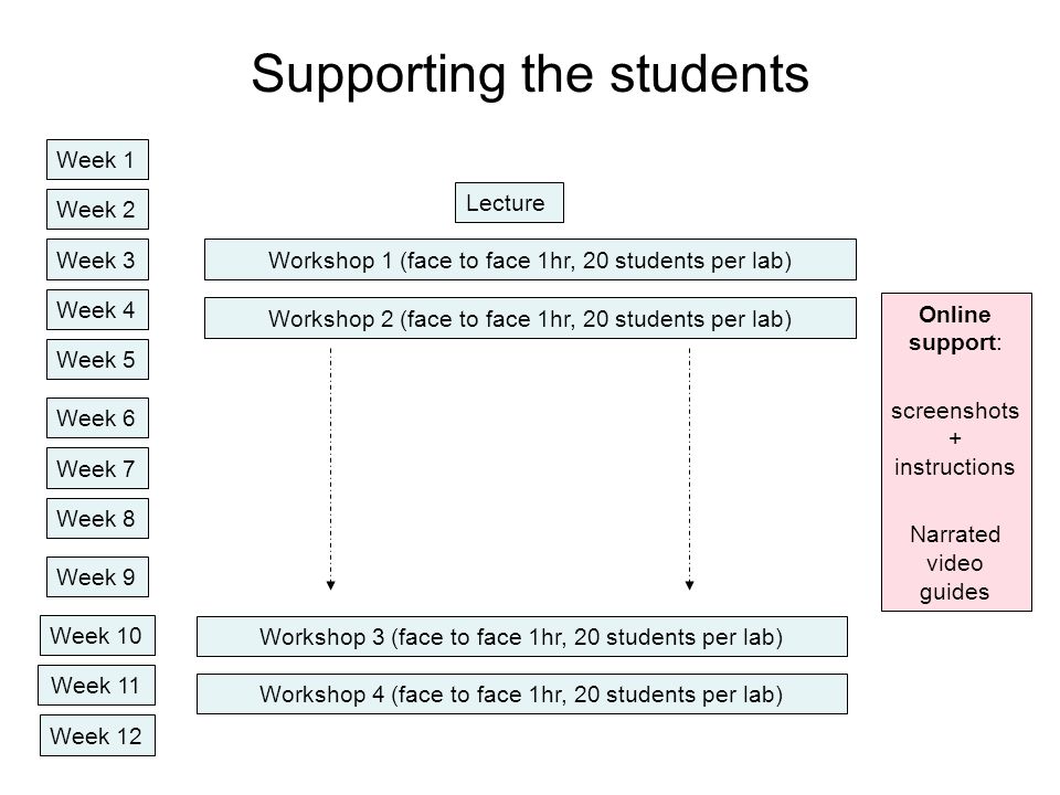 Supporting the students Lecture Workshop 1 (face to face 1hr, 20 students per lab) Workshop 2 (face to face 1hr, 20 students per lab) Week 1 Week 2 Week 3 Week 4 Week 5 Week 6 Week 7 Week 8 Week 9 Week 10 Week 11 Week 12 Workshop 4 (face to face 1hr, 20 students per lab) Workshop 3 (face to face 1hr, 20 students per lab) Online support: screenshots + instructions Narrated video guides