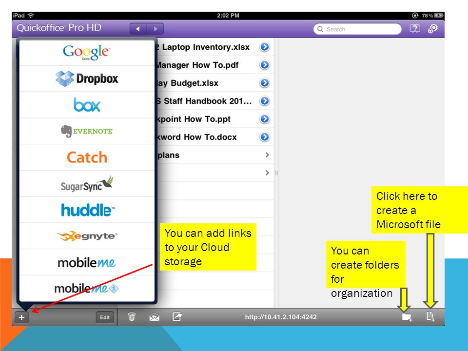 You can create folders for organization Click here to create a Microsoft file You can add links to your Cloud storage