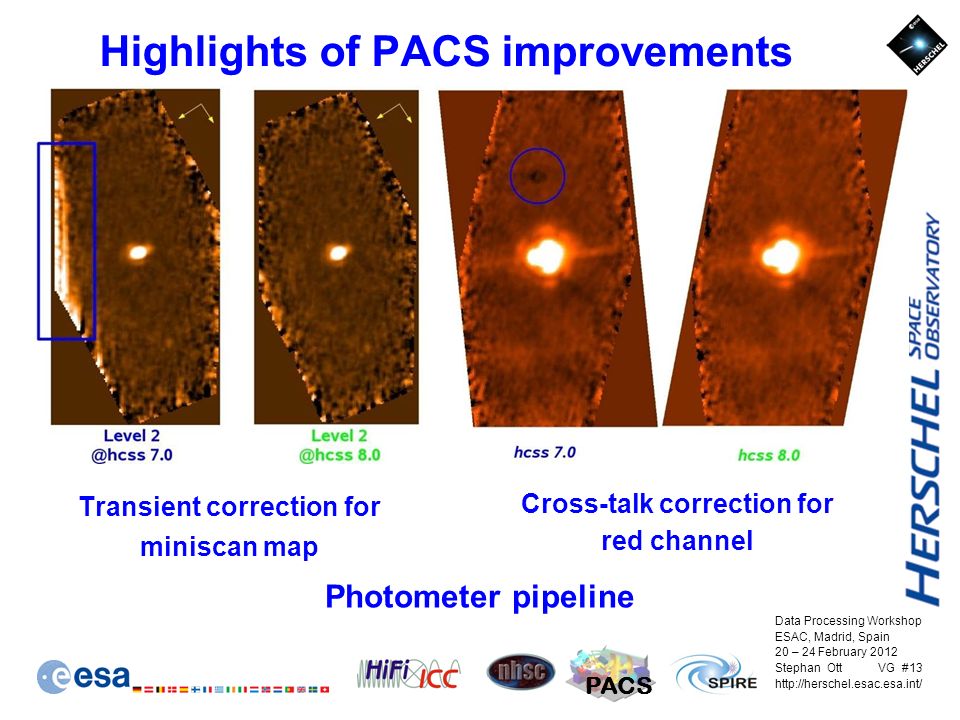 Data Processing Workshop ESAC, Madrid, Spain 20 – 24 February 2012 Stephan Ott VG #13   PACS Transient correction for miniscan map Highlights of PACS improvements Photometer pipeline Cross-talk correction for red channel