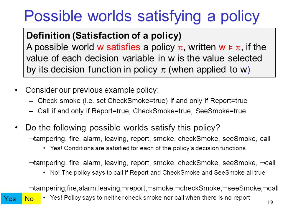 Possible worlds satisfying a policy 19 Definition (Satisfaction of a policy) A possible world w satisfies a policy , written w ⊧ , if the value of each decision variable in w is the value selected by its decision function in policy  (when applied to w) Consider our previous example policy: –Check smoke (i.e.