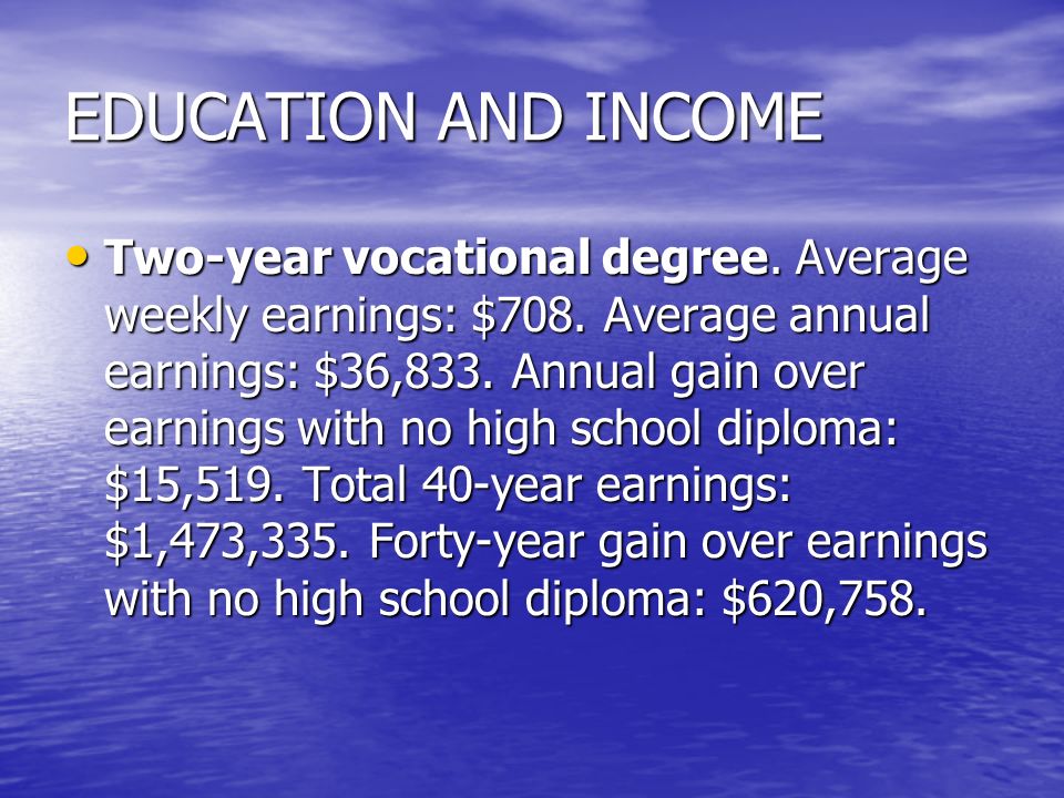 EDUCATION AND INCOME Two-year vocational degree. Average weekly earnings: $708.