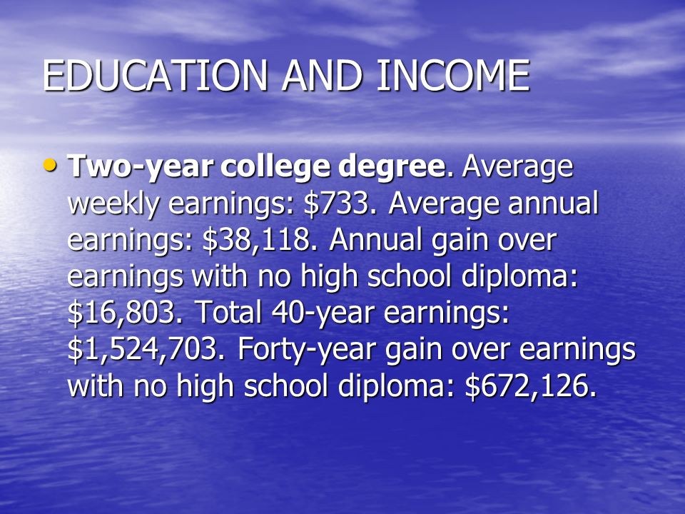 EDUCATION AND INCOME Two-year college degree. Average weekly earnings: $733.