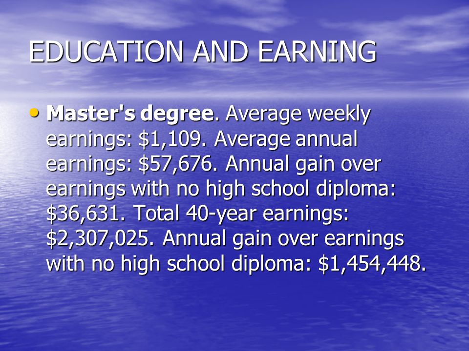 EDUCATION AND EARNING Master s degree. Average weekly earnings: $1,109.