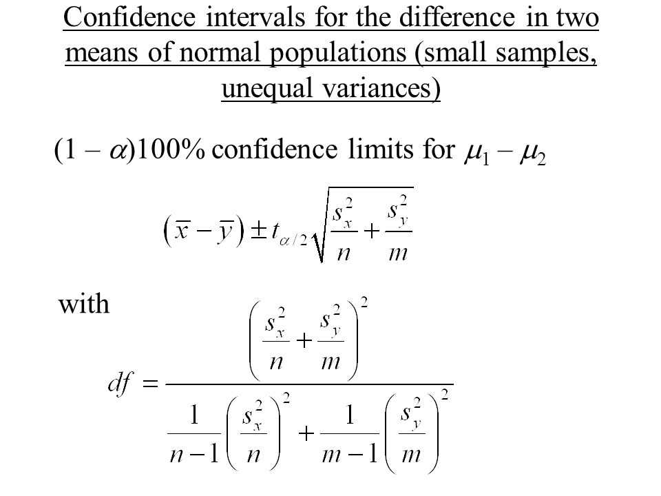 Confidence intervals for the difference in two means of normal populations (small samples, unequal variances) (1 –  )100% confidence limits for  1 –  2 with