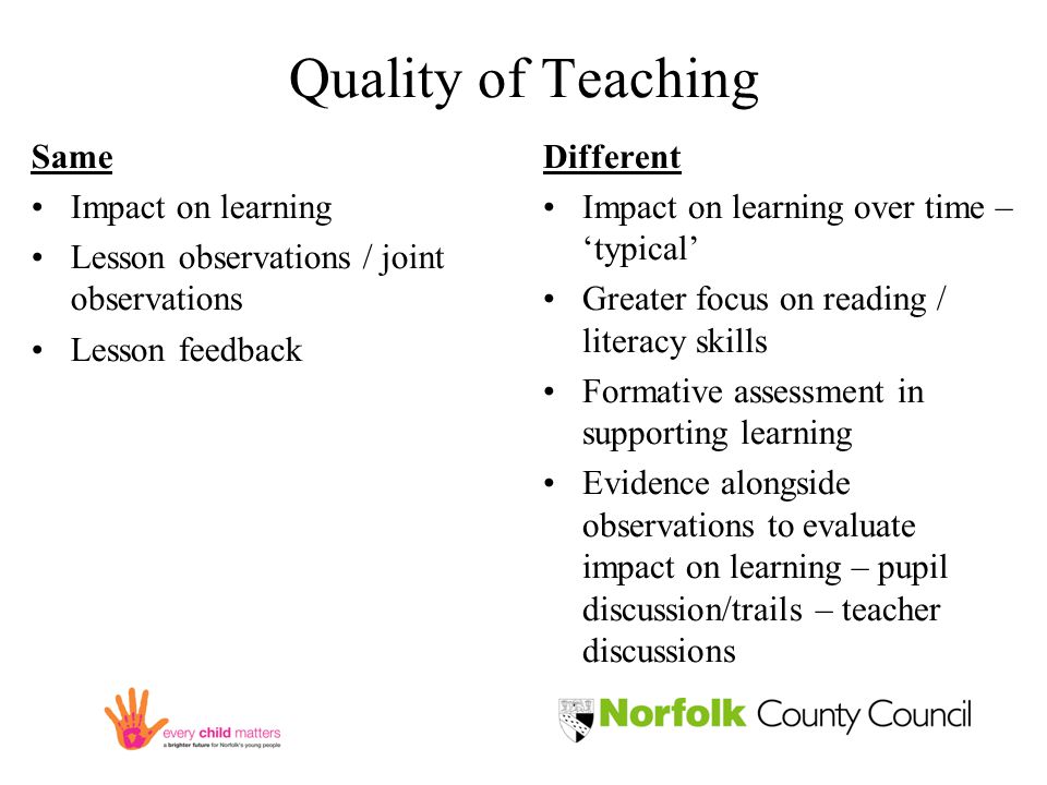 Quality of Teaching Same Impact on learning Lesson observations / joint observations Lesson feedback Different Impact on learning over time – ‘typical’ Greater focus on reading / literacy skills Formative assessment in supporting learning Evidence alongside observations to evaluate impact on learning – pupil discussion/trails – teacher discussions