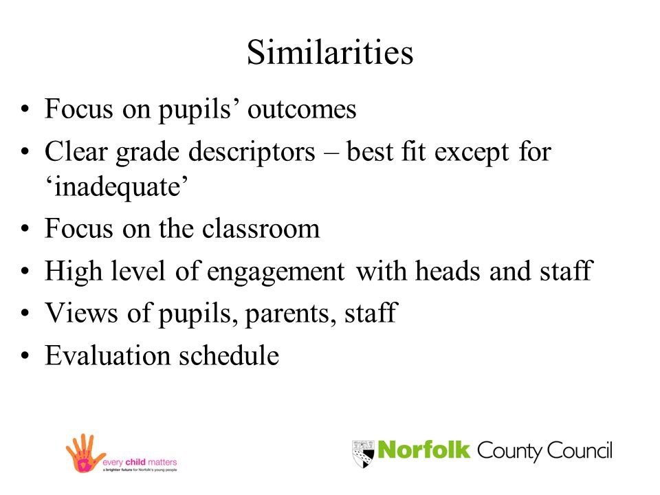 Similarities Focus on pupils’ outcomes Clear grade descriptors – best fit except for ‘inadequate’ Focus on the classroom High level of engagement with heads and staff Views of pupils, parents, staff Evaluation schedule